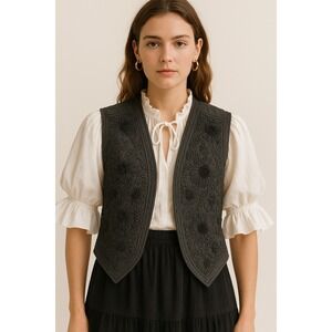 VTG 90s DKNY Beaded Textured Floral Vest Medium Black Boho Avant Garde‎ Evening